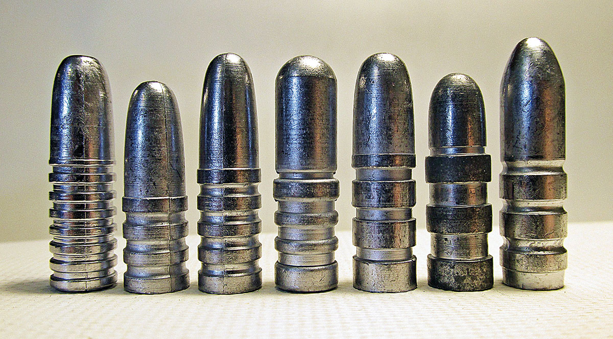 Some of the Ideal bullets used in Dr. Hudson’s 1903 to 1906 project to perfect a lead bullet for the .30-40 Krag. Left to right: (1) 3081- 200 grain, the Cooper bullet, (2) Hudson’s own 308223 - 180 grain and (3) 308223 - 200 grain, (4) 308259, another of Hudson’s designs, (5) 308274, the Doyle bullet, (6) the Kephart 170 grain, (7) 308284 - 210 grain, the best of the lot.